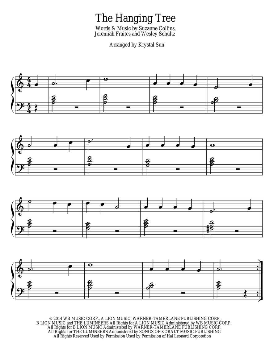 The Hanging Tree Easy Piano scores gallery preview page 1