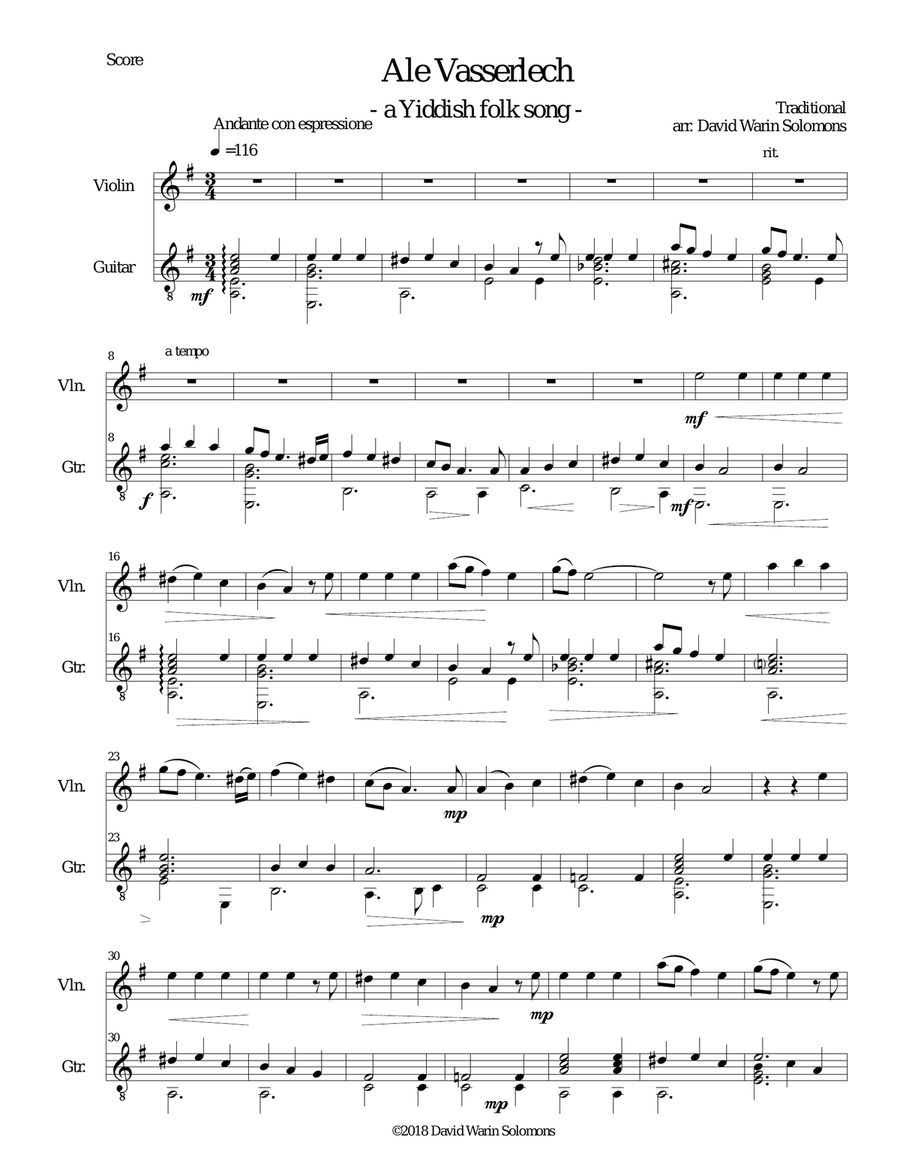 Ale vasserlech (All the waters flow away) for violin and guitar String Duet scores gallery preview page 1