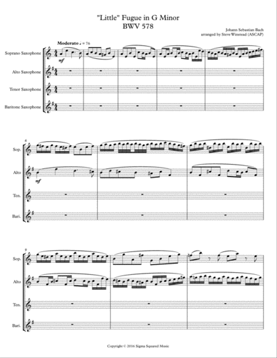 Little Fugue in G Minor, BWV 578 for Saxophone Quartet Little Fugue in G Minor, BWV 578 for Saxophone Quartet Saxophone Quartet scores gallery preview page 2