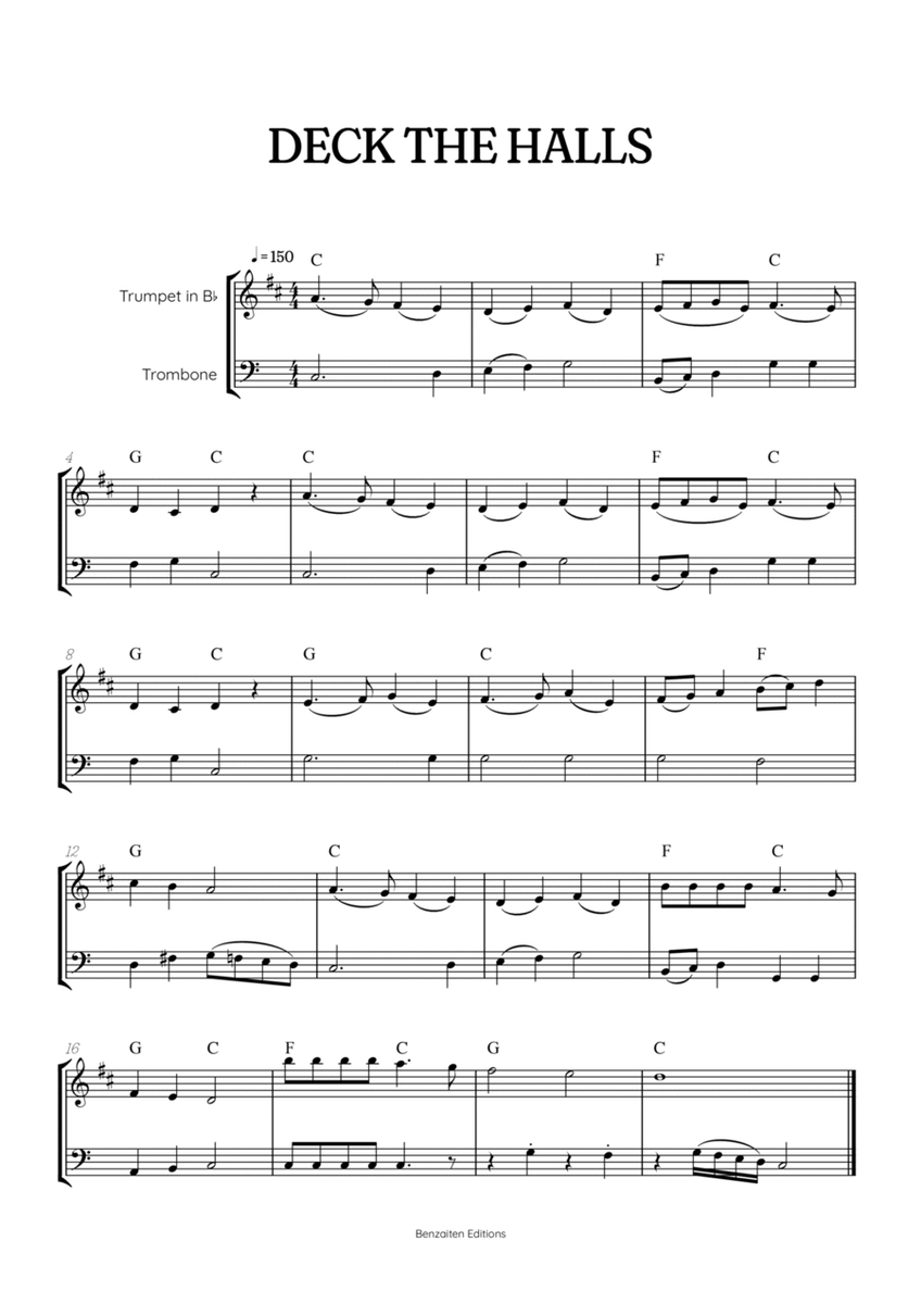 Deck the Halls for trumpet and trombone duet • intermediate Christmas song sheet music with chords image number null