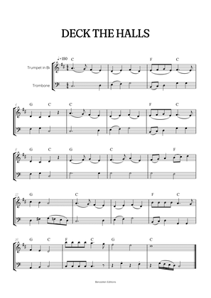 Deck the Halls for trumpet and trombone duet • intermediate Christmas song sheet music with chords