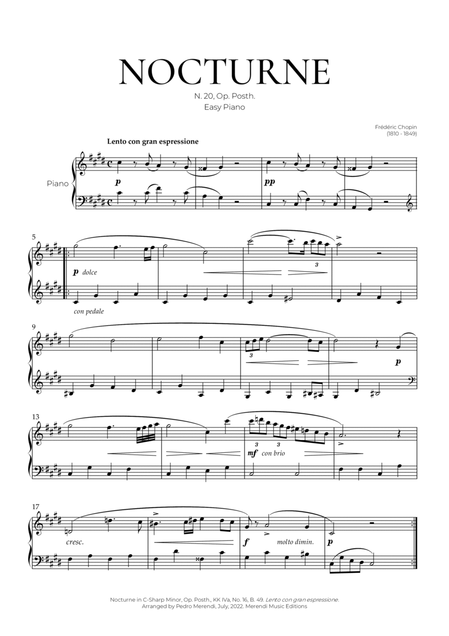 Nocturne in C sharp minor, n.20, Op. posth. (Easy Piano) - Frédéric Chopin Easy Piano scores gallery preview page 1