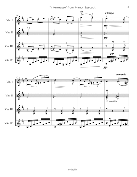 Puccini: "Intermezzo" from Manon Lescaut - Violin Quartet image number null