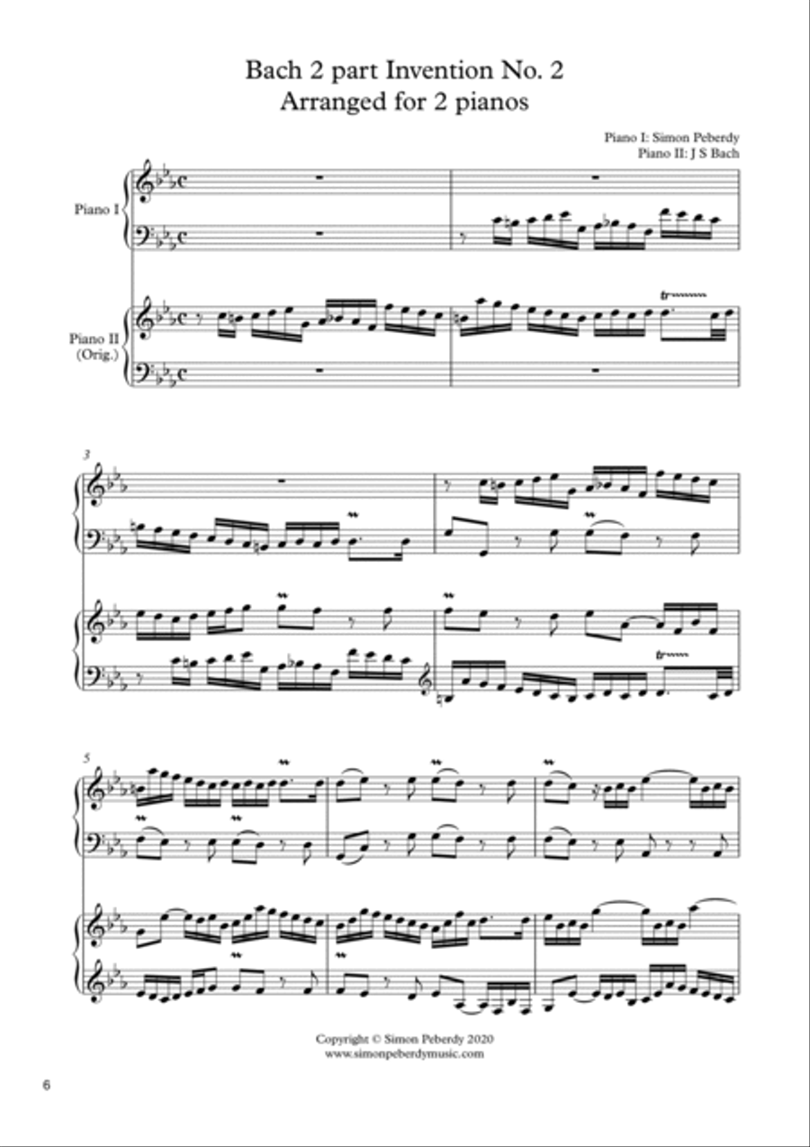Bach 2 Part Inventions for 2 pianos, 4 hands (all 15), additional piano part by Simon Peberdy image number null