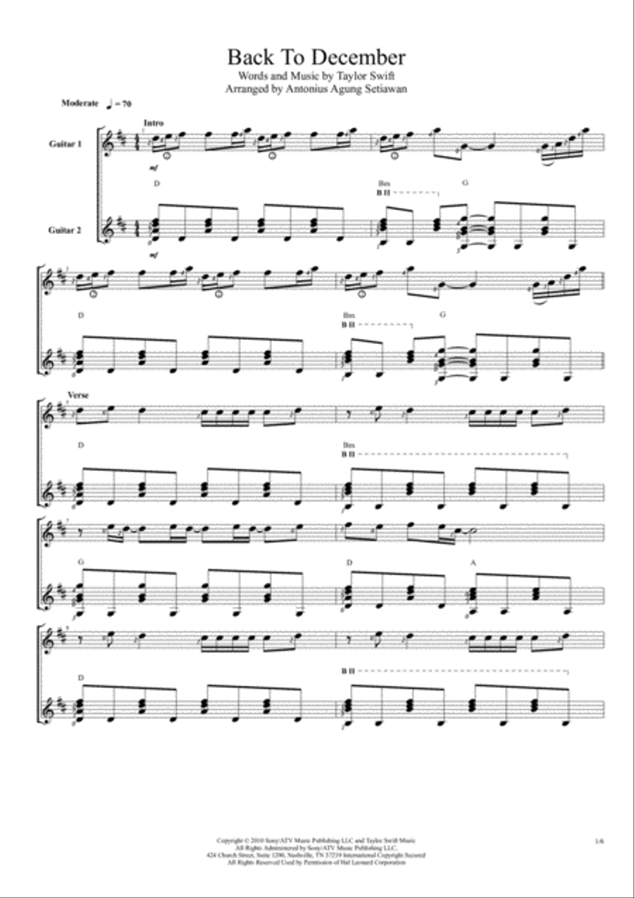 Back To December Electric Guitar scores gallery preview page 1