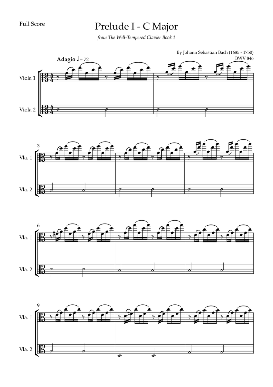 Prelude 1 in C Major BWV 846 (from Well-Tempered Clavier Book 1) for Viola Duo