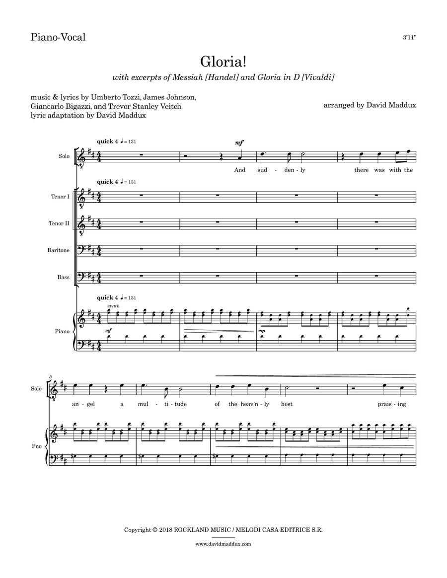 Gloria by Umberto Tozzi TTBB - Digital Sheet Music