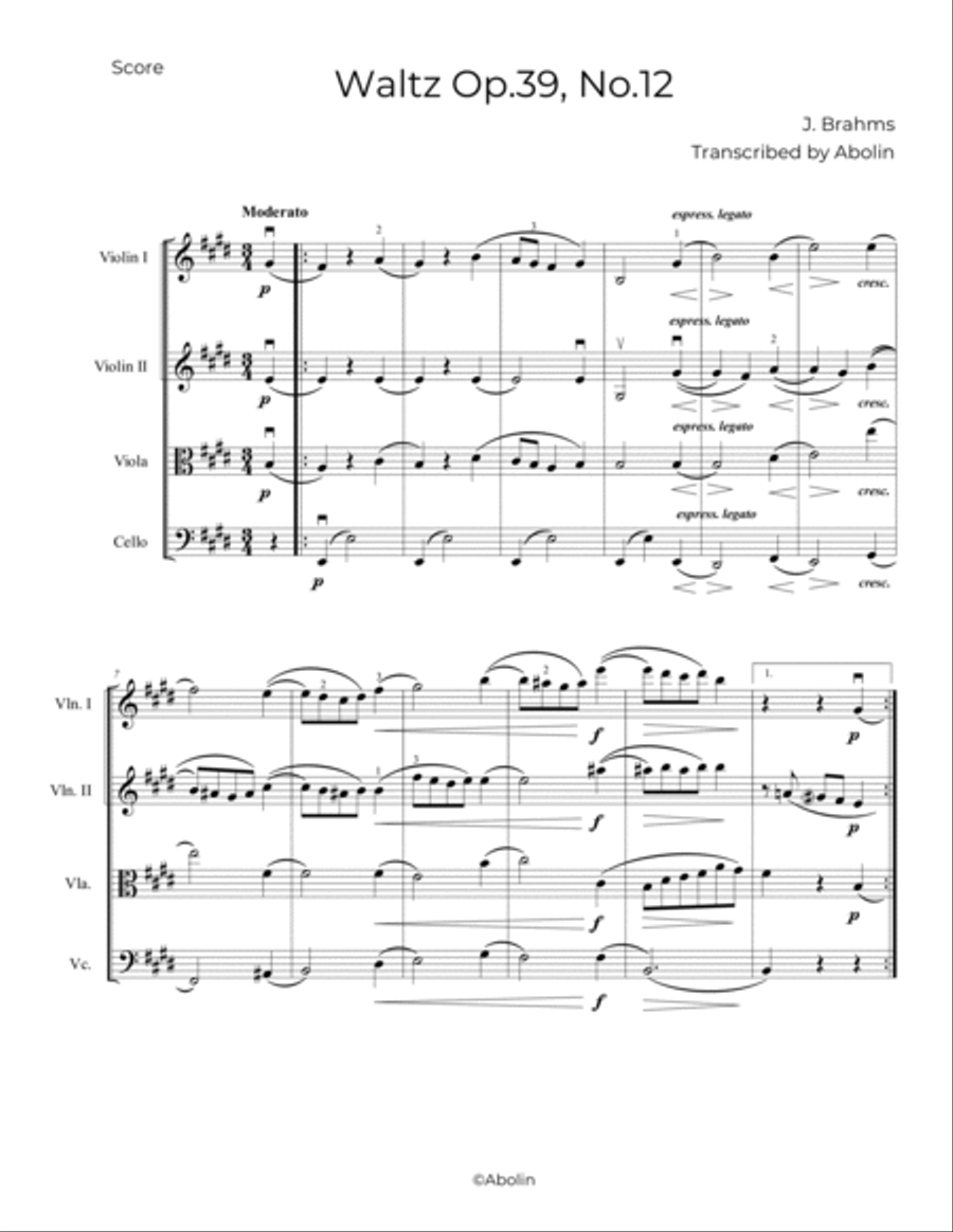 Brahms: Waltz Op.39, No.12 - String Quartet String Quartet scores gallery preview page 2