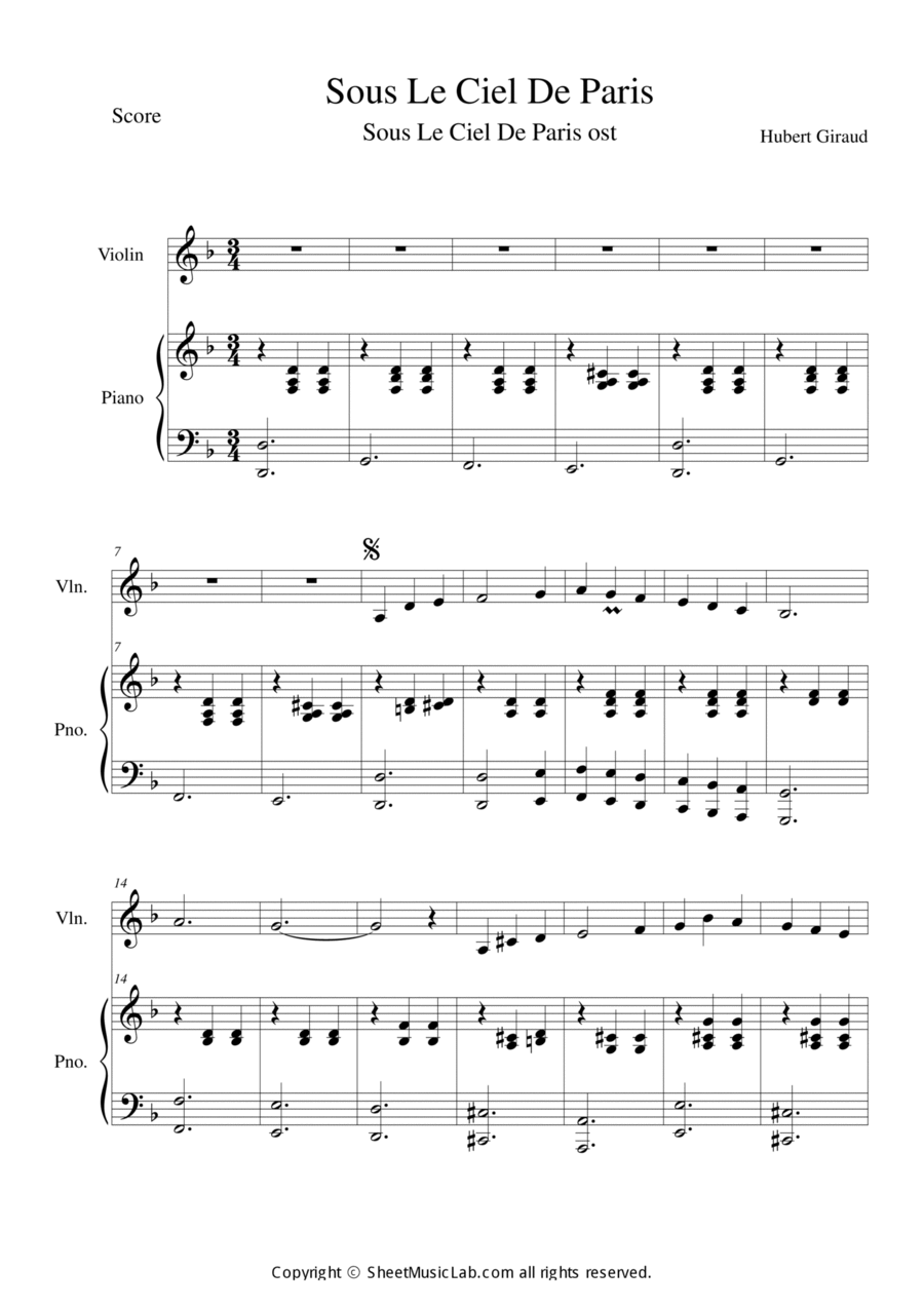 Sous Le Ciel De Paris (Sous Le Ciel De Paris OST)_D Minor Violin Solo scores gallery preview page 1