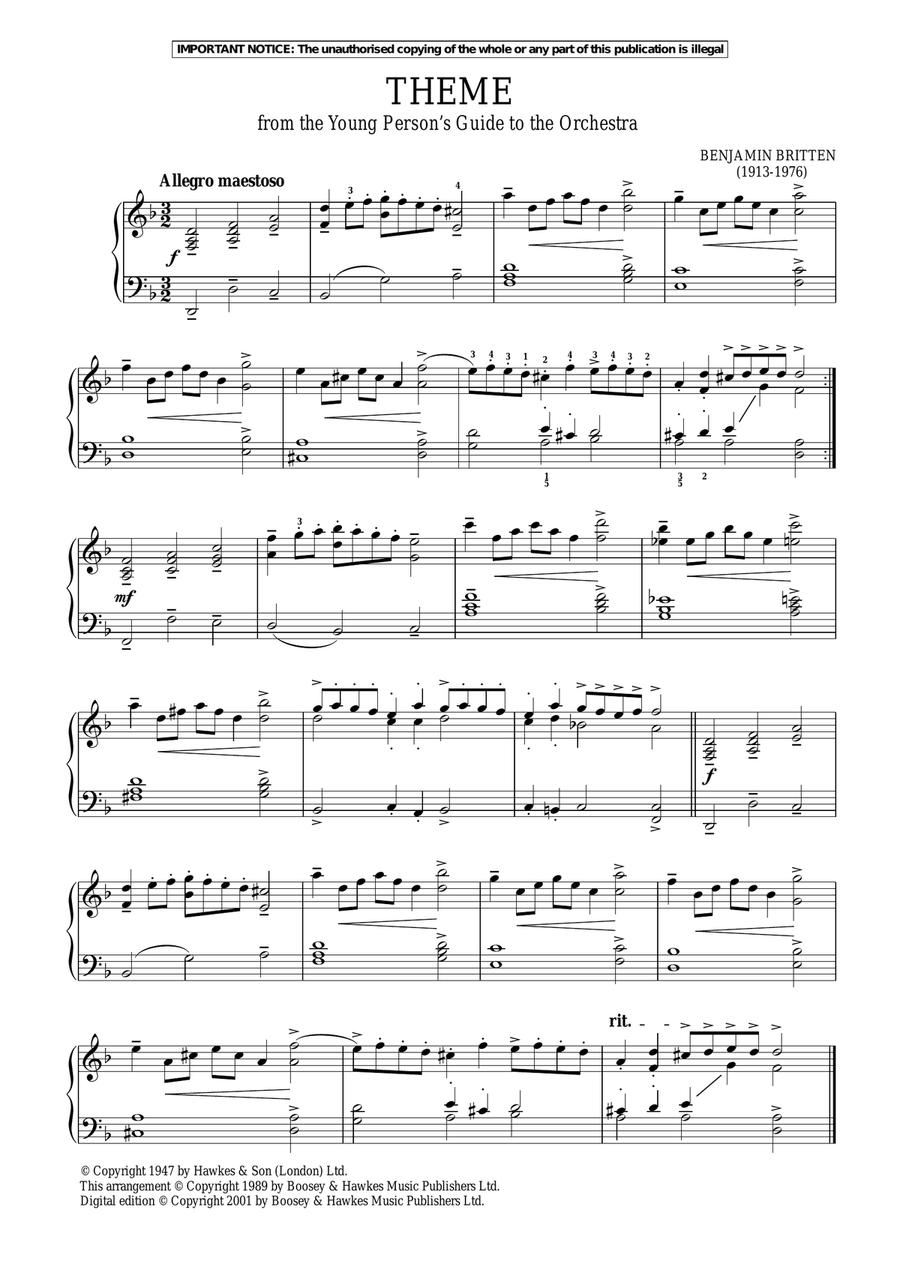 The Young Person's Guide To The Orchestra, Op. 34 (Theme) Piano Solo scores gallery preview page 1