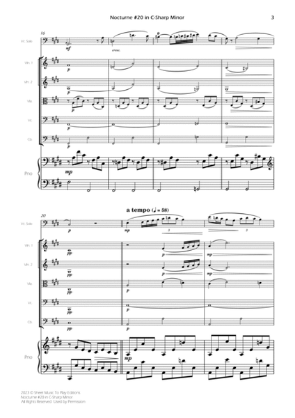 Nocturne No.20 in C Sharp minor - Cello Solo, Strings and Piano (Full Score and Parts) image number null