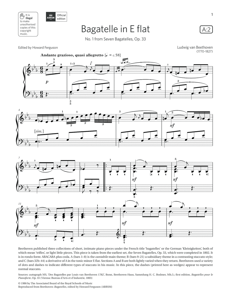 Bagatelle in E flat (Grade 7, list A2, from the ABRSM Piano Syllabus 2021 & 2022) Piano Method scores gallery preview page 1
