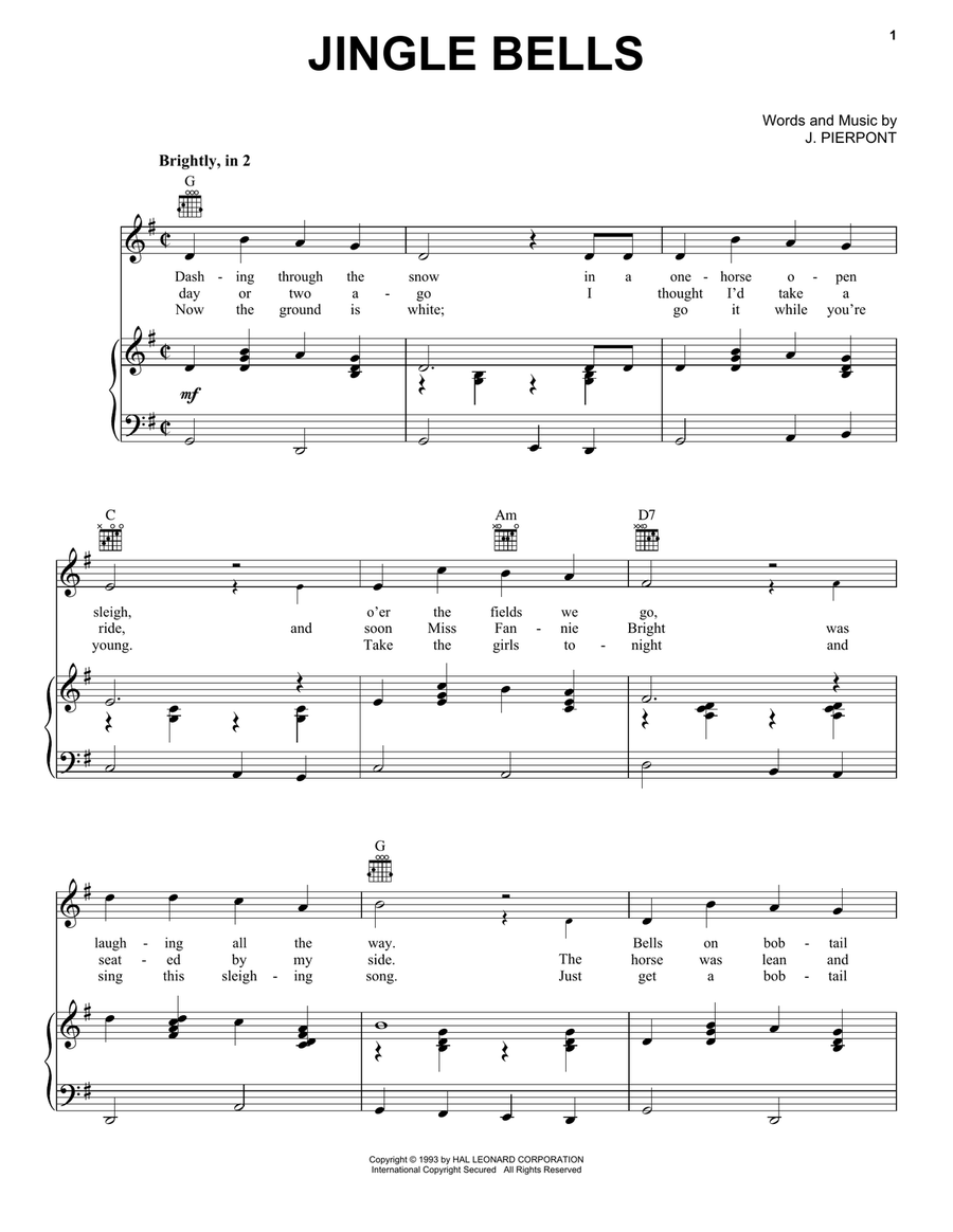 Jingle Bells Jingle Bells Piano, Vocal, Guitar scores gallery preview page 1