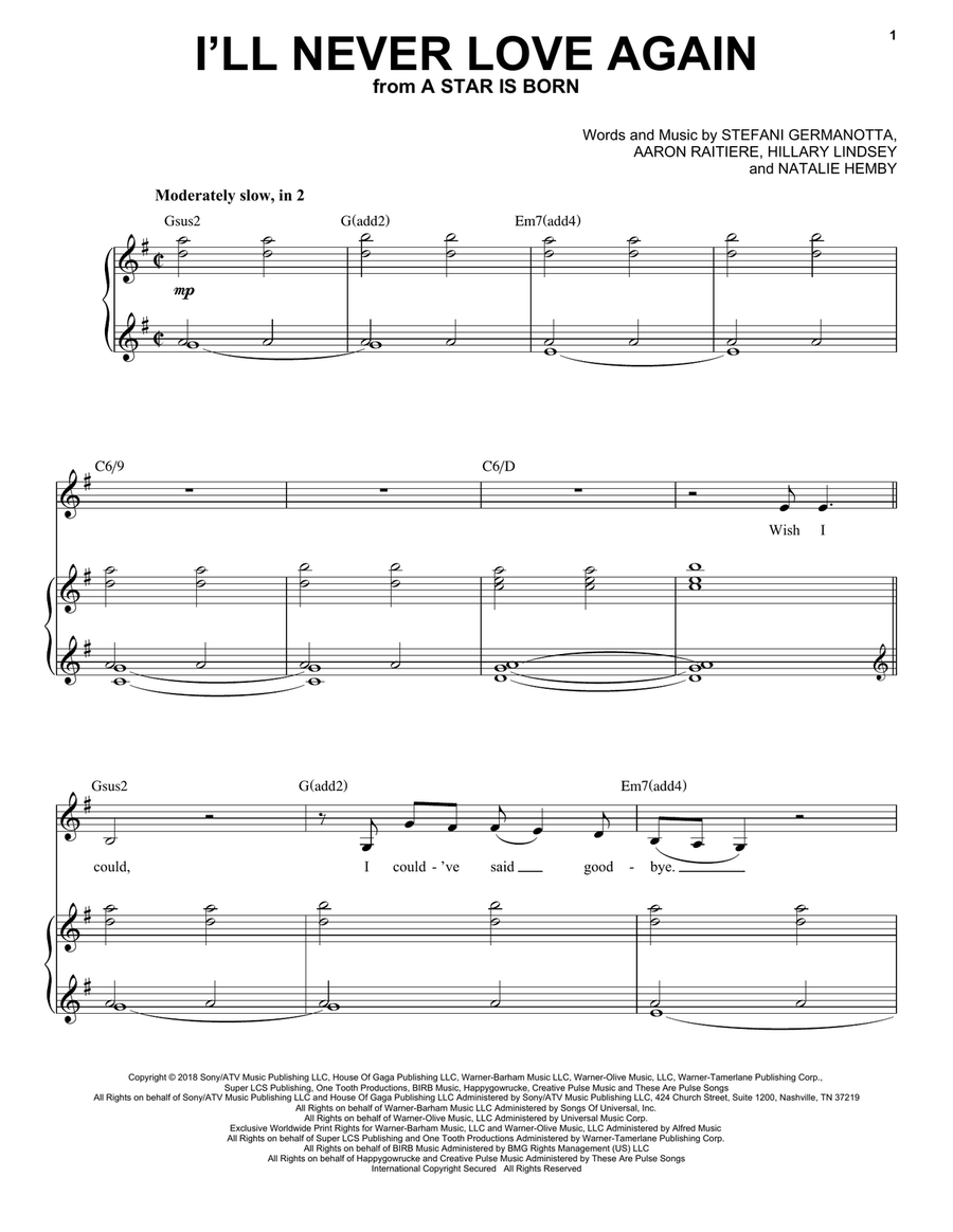 I'll Never Love Again (from A Star Is Born) Voice scores gallery preview page 1