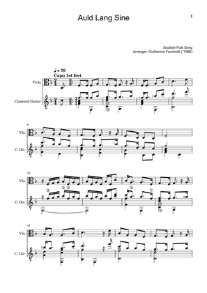 Scottish Folk Song - Auld Lang Sine. Arrangement for Viola and Classical Guitar. Score and Parts.