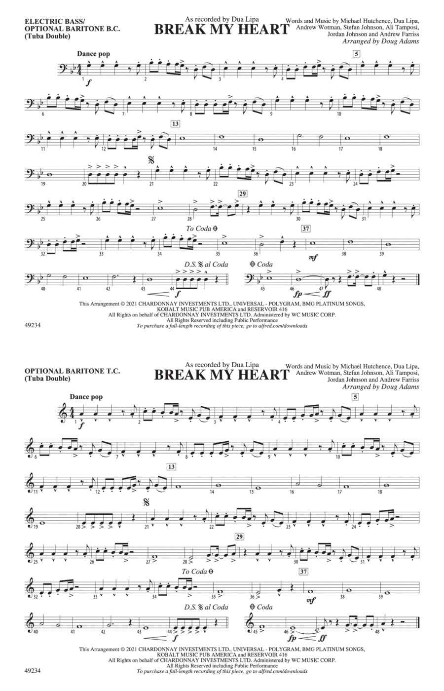 Break My Heart: Electric Bass Marching Band scores gallery preview page 1
