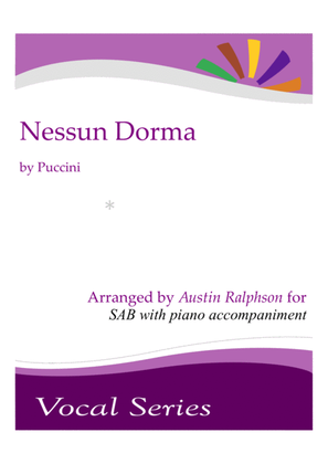 Book cover for Nessun Dorma - SAB and piano with FREE BACKING TRACKS to sing along to. Italian AND English versions