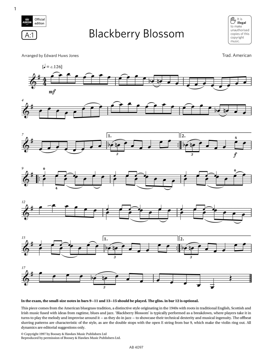 Blackberry Blossom (Grade 3, A1, from the ABRSM Violin Syllabus from 2024) Violin Solo scores gallery preview page 1