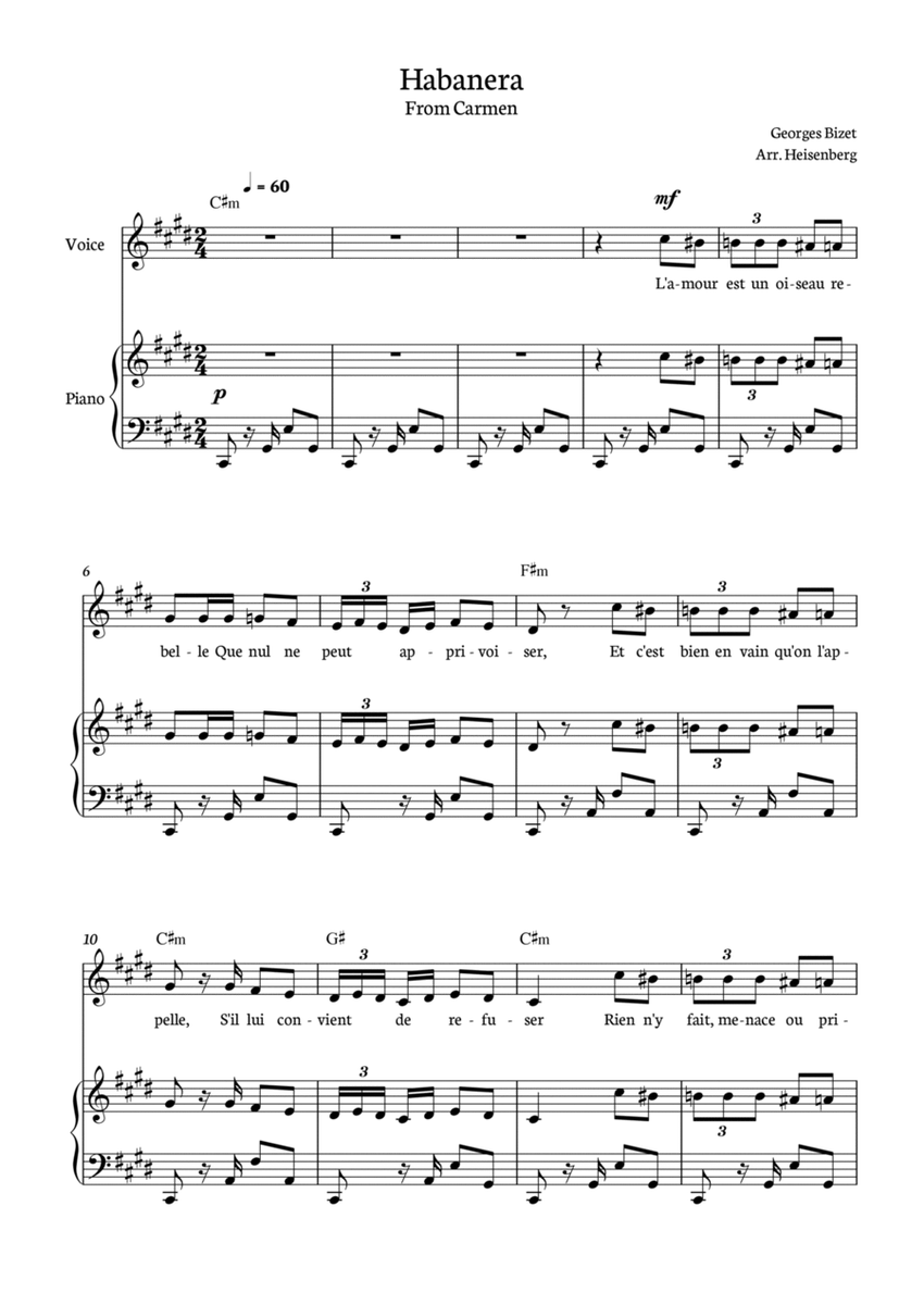 Habanera - Carmen for piano, chords and voice in C# minor. image number null