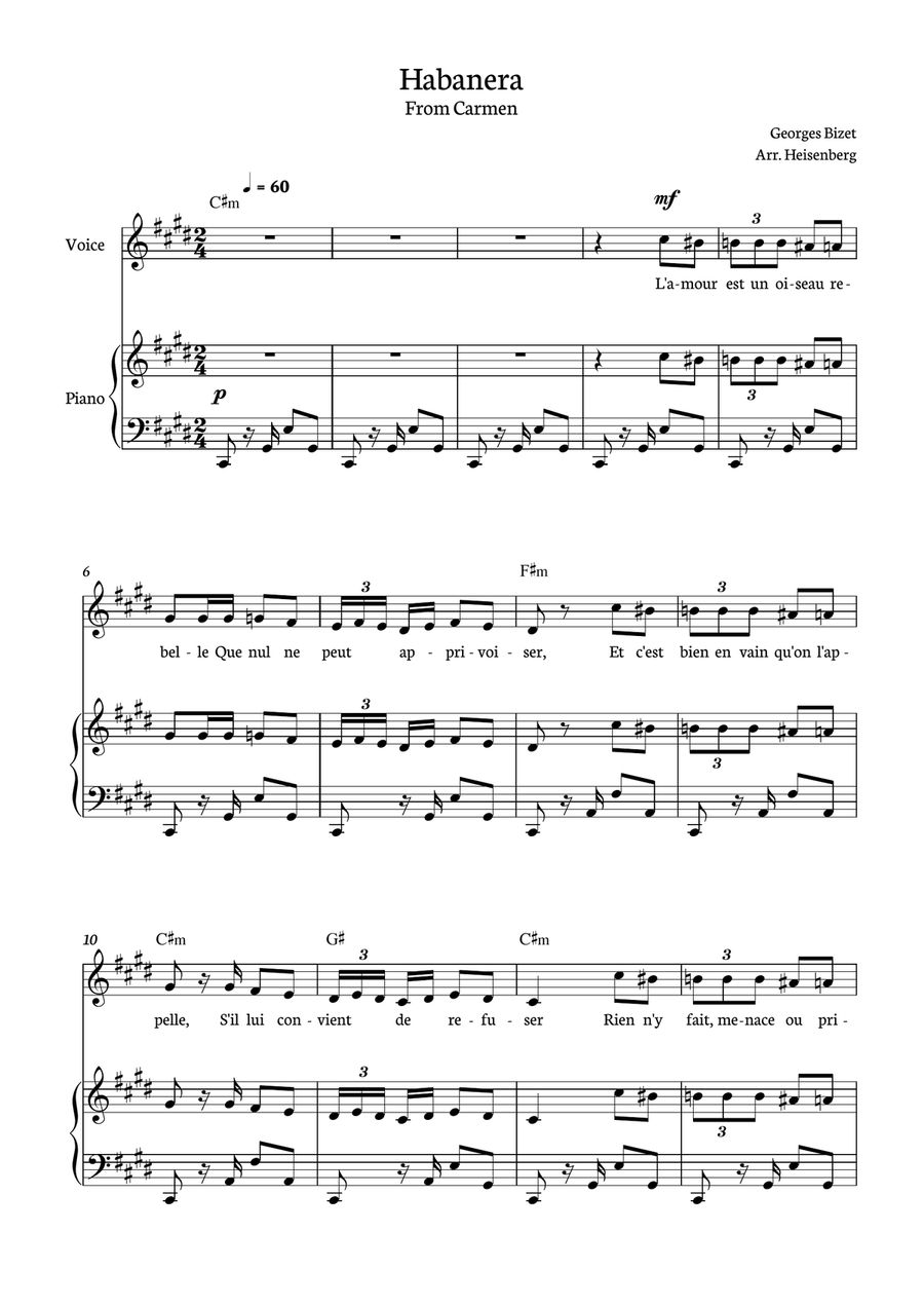Habanera - Carmen for piano, chords and voice in C# minor. Piano, Vocal scores gallery preview page 1