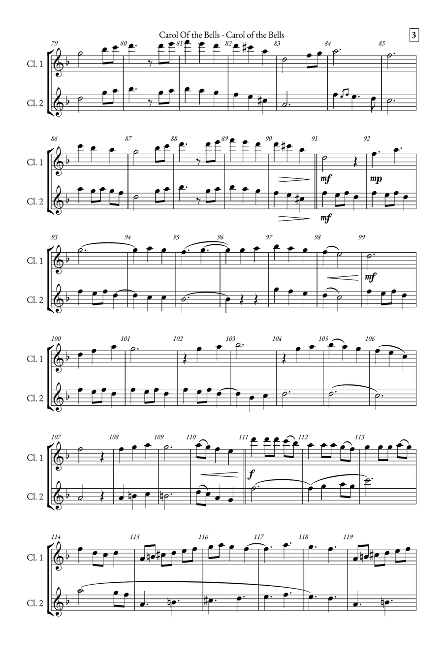 Carol of the Bells Clarinet Duet scores gallery preview page 3