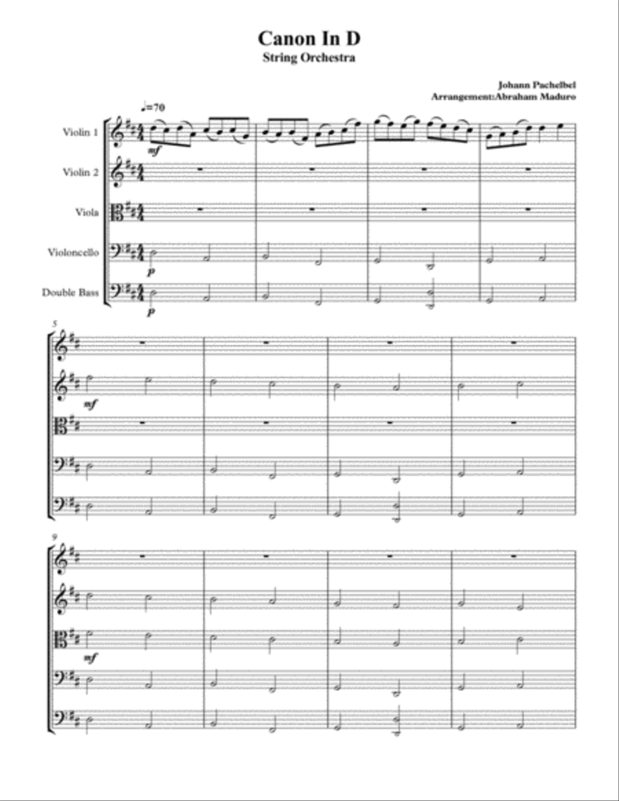 Pachelbel's Canon In D Wedding String Quintet-Orchestra String Quintet scores gallery preview page 1