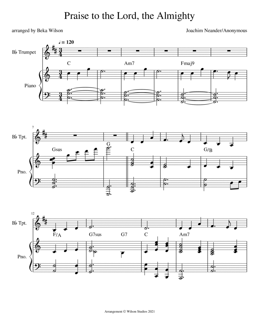 Praise to the Lord, the Almighty--trumpet solo Trumpet Solo scores gallery preview page 1
