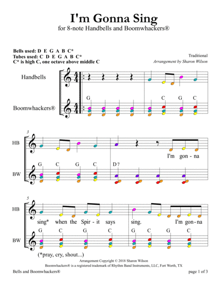 I'm Gonna Sing When the Spirit Says Sing (for 8-note Bells and Boomwhackers with Color Coded Notes) image number null