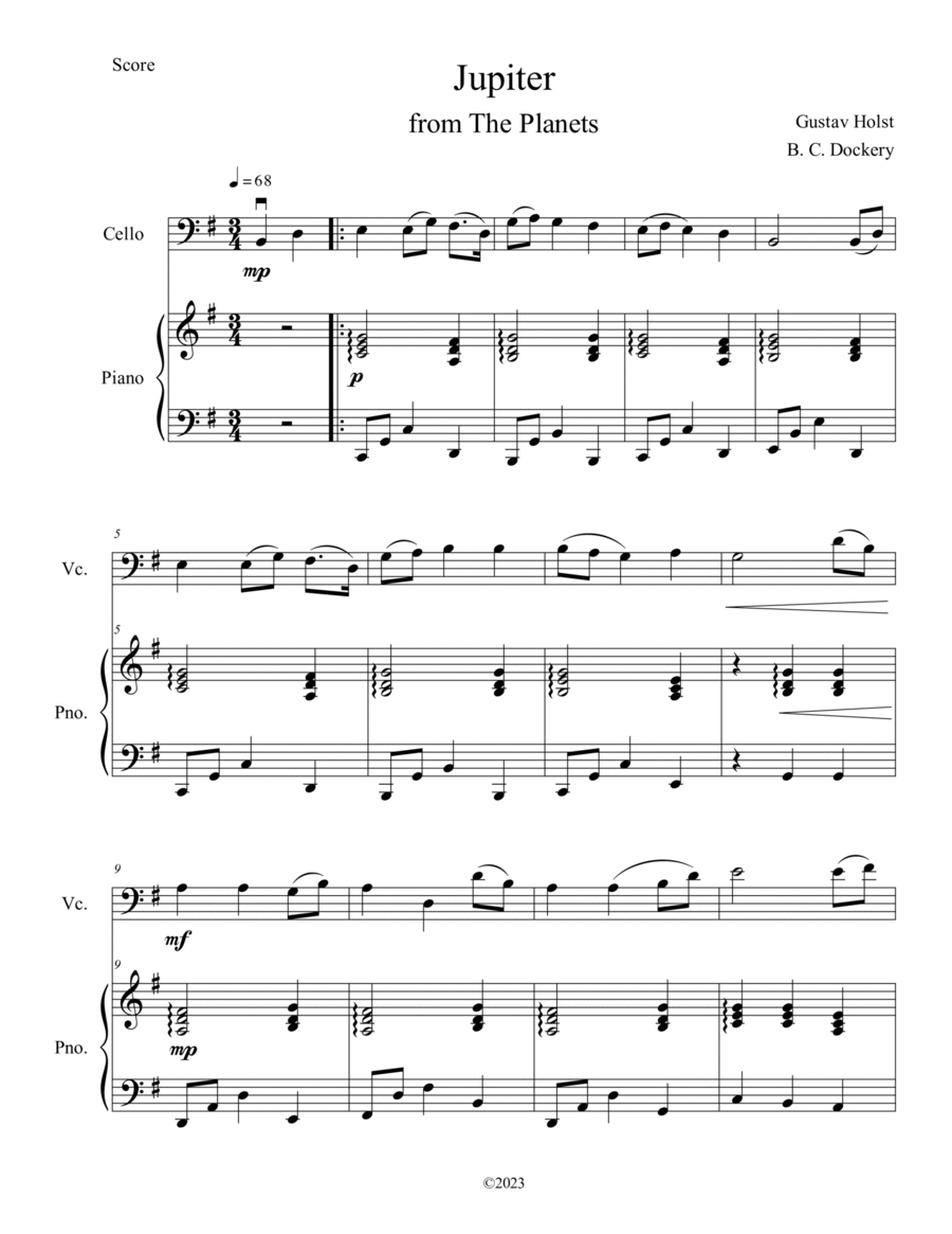 Jupiter (from The Planets) for Cello Solo with Piano Accompaniment Piano scores gallery preview page 1