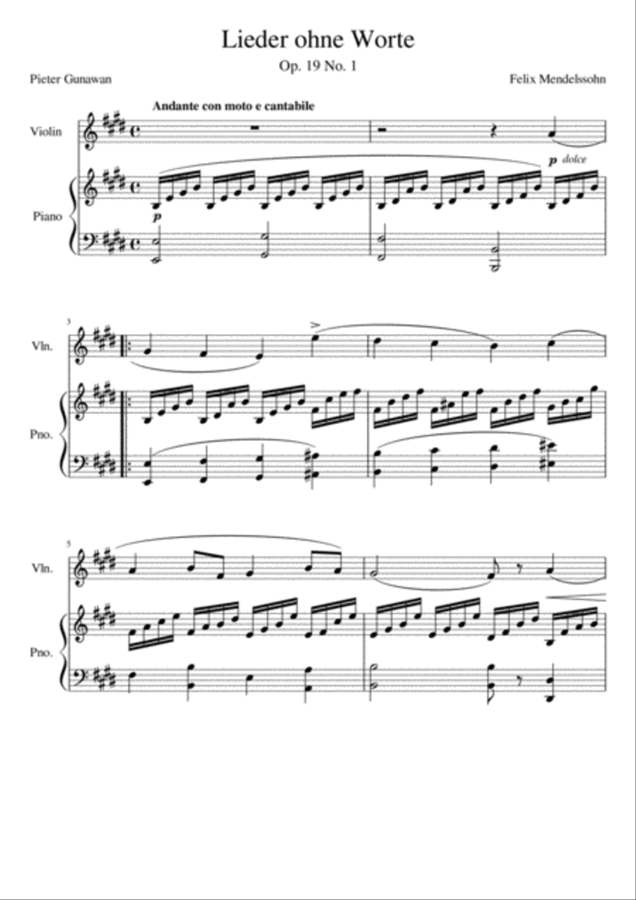 Mendelssohn Songs Without Words Op. 19 No. 1 for Violin and Piano Violin Solo scores gallery preview page 1