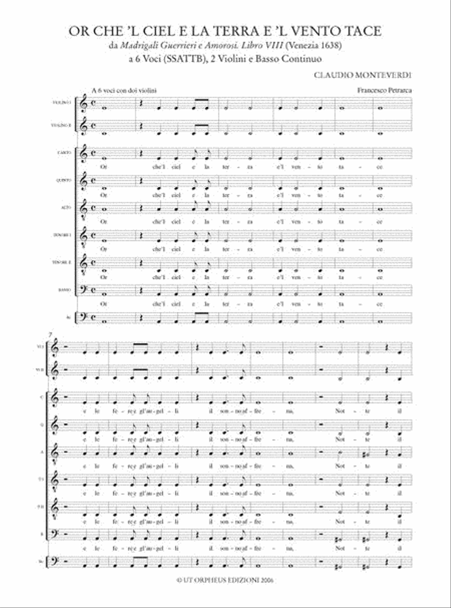 Or che ’l ciel e la terra e ’l vento tace (Madrigali Guerrieri. Libro VIII, No. 2) for 6 Voices (SSATTB), 2 Violins and Continuo Choir scores gallery preview page 2