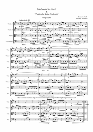 Book cover for Gallo: Trio Sonata No.1 in G (reworked as Stravinsky's Pulcinella Suite Mvt.1) - string quartet
