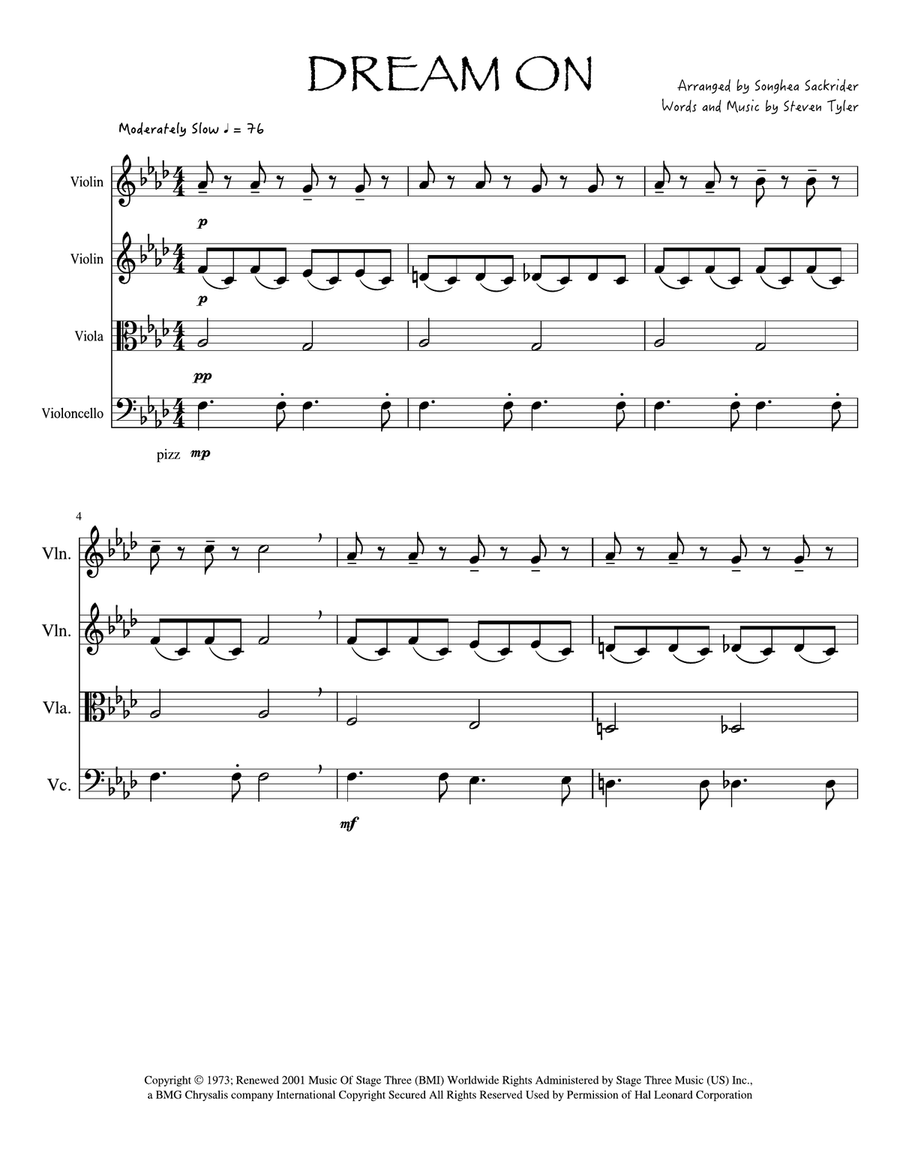 Dream On String Quartet scores gallery preview page 1
