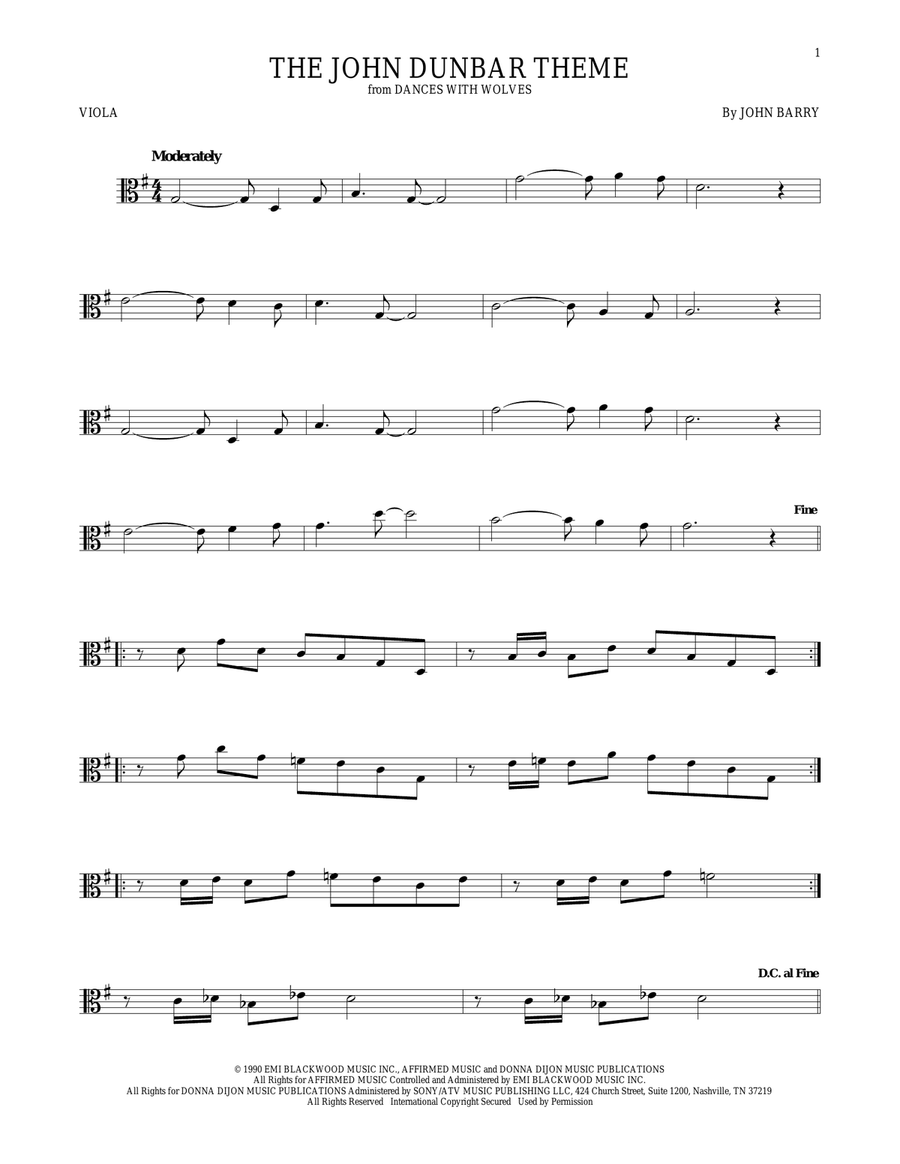 The John Dunbar Theme The John Dunbar Theme Viola Solo scores gallery preview page 1