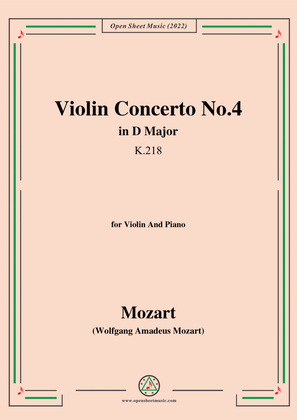 Book cover for Mozart-Violin Concerto No.4 in D Major,K.218,for Violin and Piano