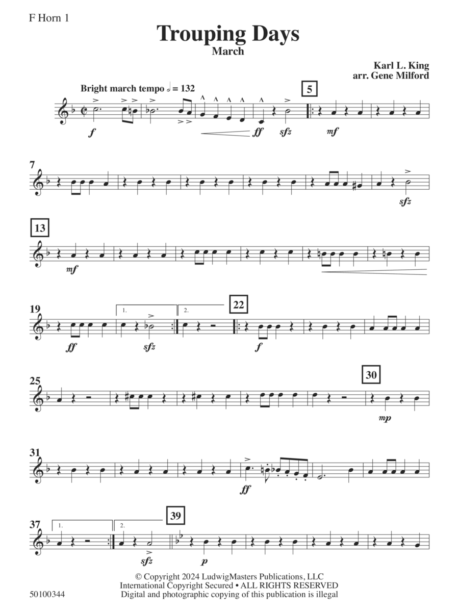 Trouping Days (arr. Gene Milford) - Horn 1 Concert Band scores gallery preview page 1