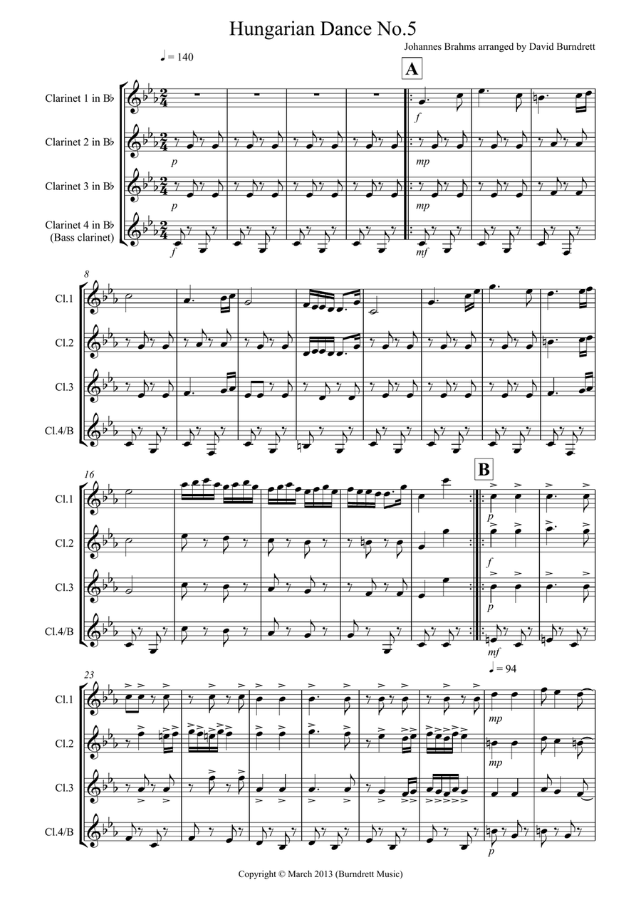 Hungarian Dance No.5 for Clarinet Quartet Clarinet Quartet scores gallery preview page 1