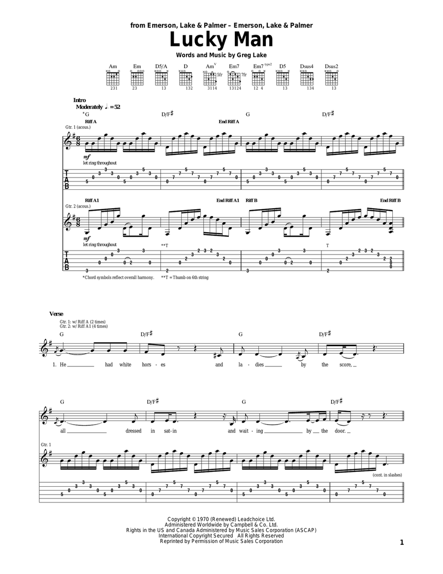 Lucky Man Acoustic Guitar scores gallery preview page 1