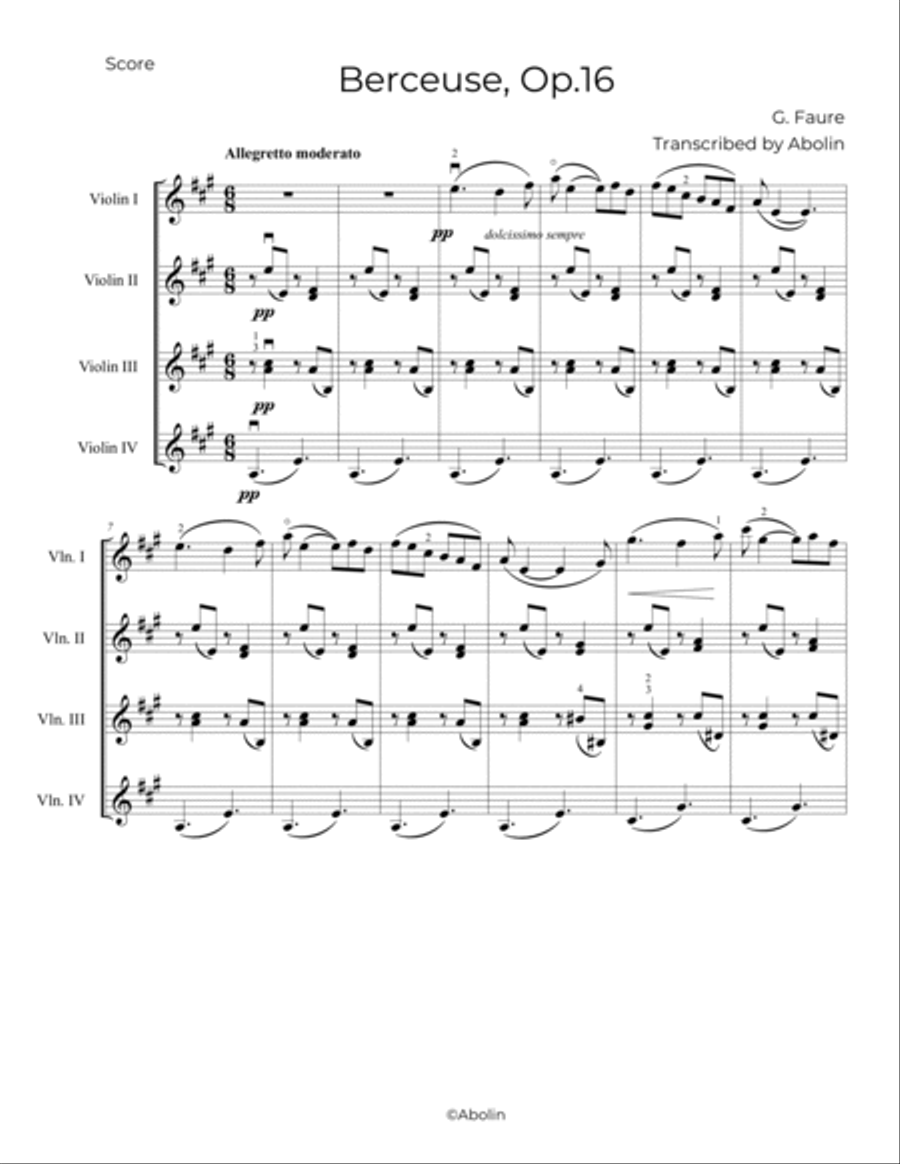 Fauré: Berceuse Op.16 - arr. for Violin Quartet Chamber Music scores gallery preview page 2