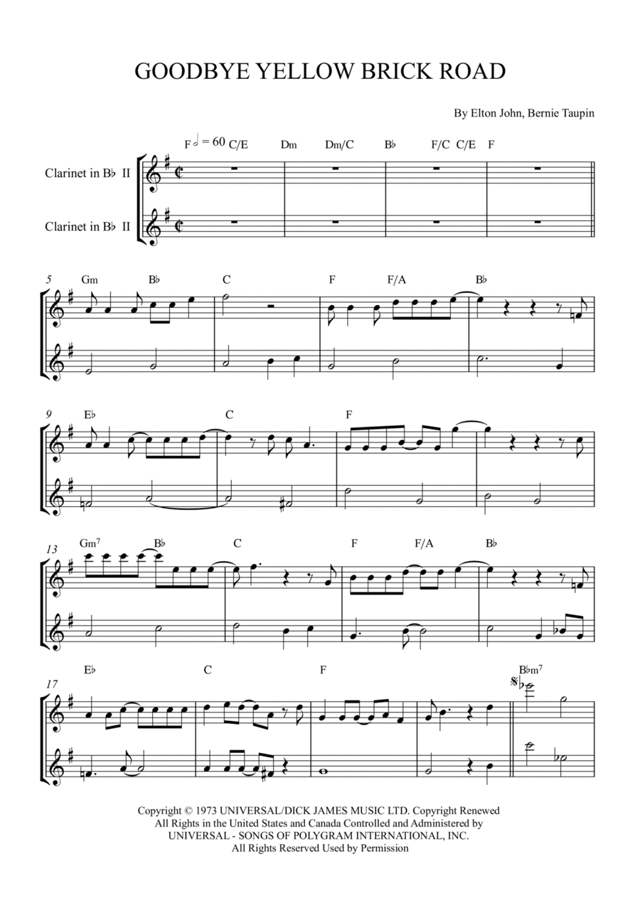 Goodbye Yellow Brick Road Clarinet Duet scores gallery preview page 1