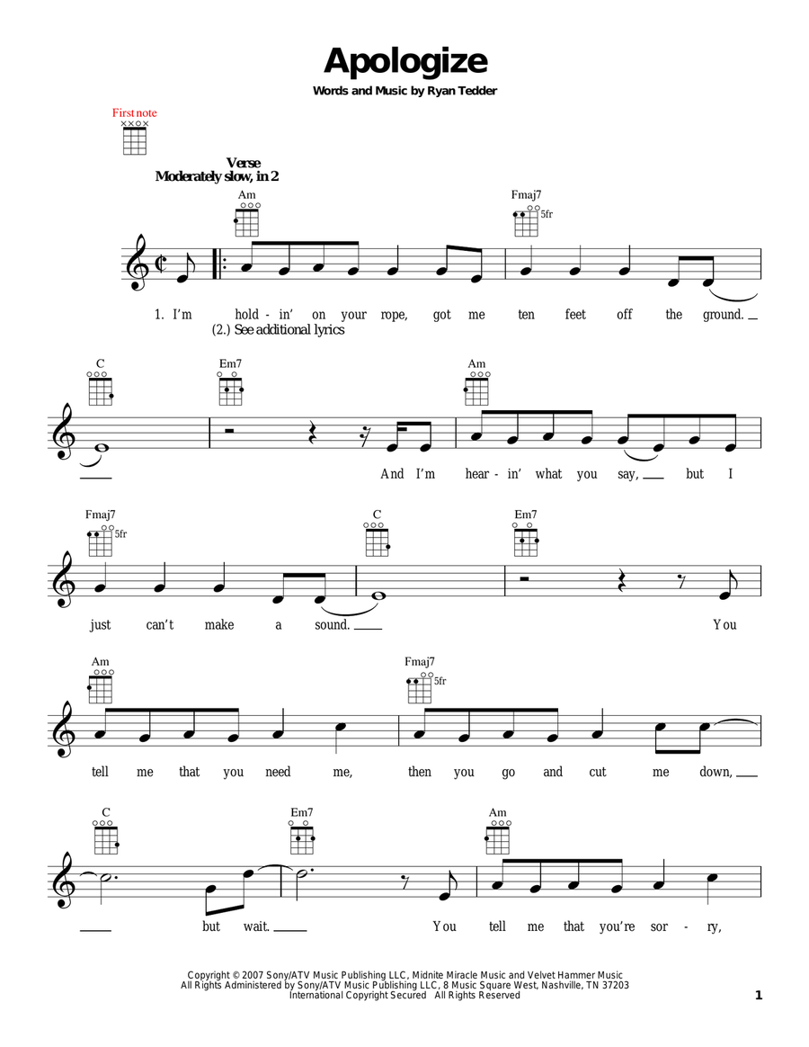 Apologize Apologize Ukulele scores gallery preview page 1