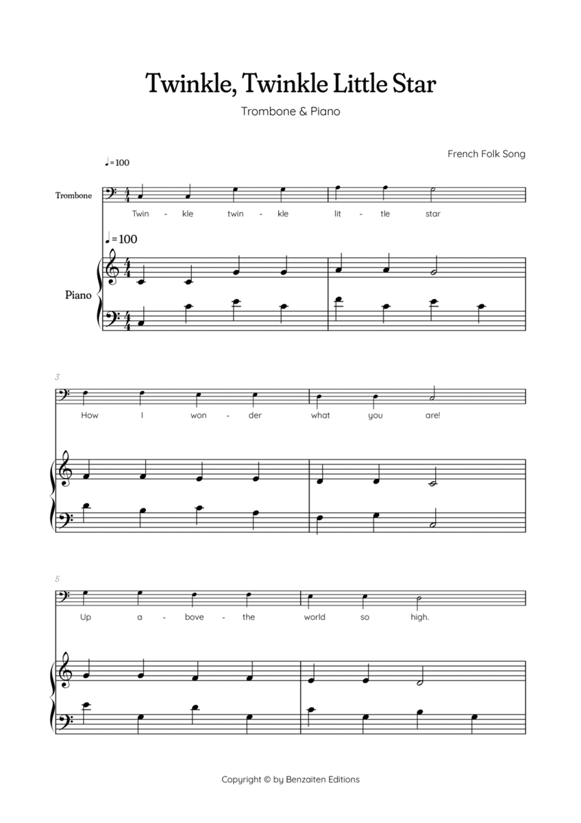 Twinkle, Twinkle Little Star • Easy trombone sheet music with easy piano accompaniment image number null