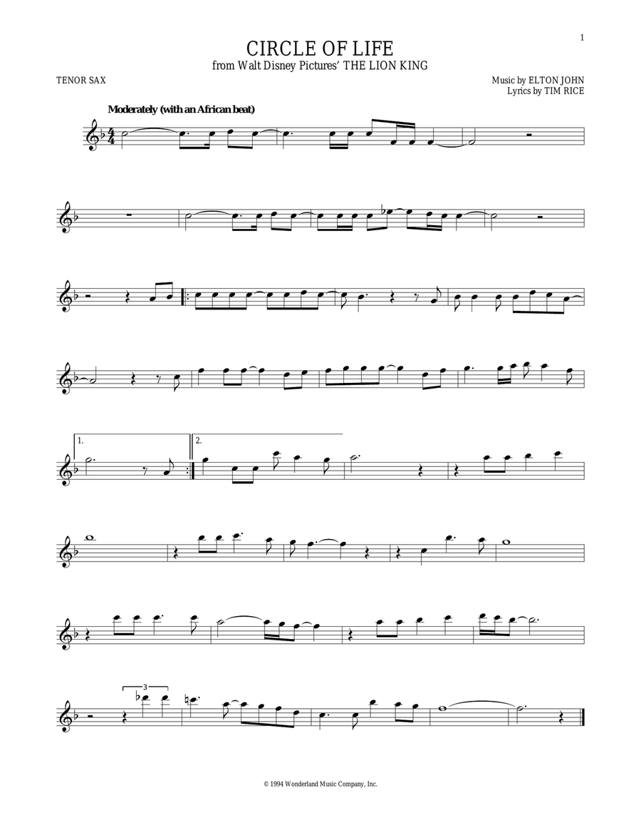 Circle Of Life (from The Lion King) Tenor Saxophone scores gallery preview page 1