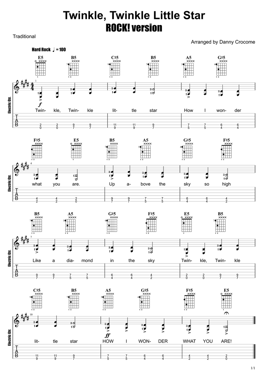 Twinkle, Twinkle Little Star (ROCK! version) Guitar Tablature scores gallery preview page 1