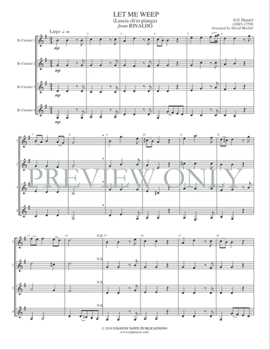 Let Me Weep (Lascia ch'io pianga) from Rinaldo Clarinet Quartet scores gallery preview page 3