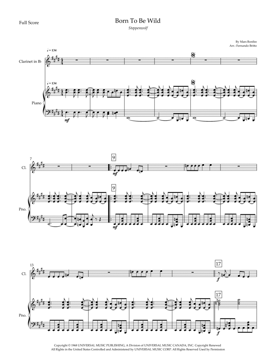 Born To Be Wild Clarinet Solo scores gallery preview page 1