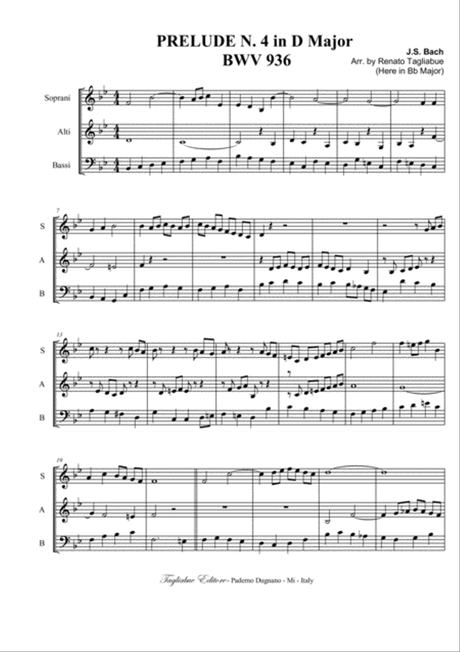 BACH J.S. - PRELUDE N. 4 in D Major - BWV 936 - Arr. for SAB Choir in vocalization 3-Part scores gallery preview page 2