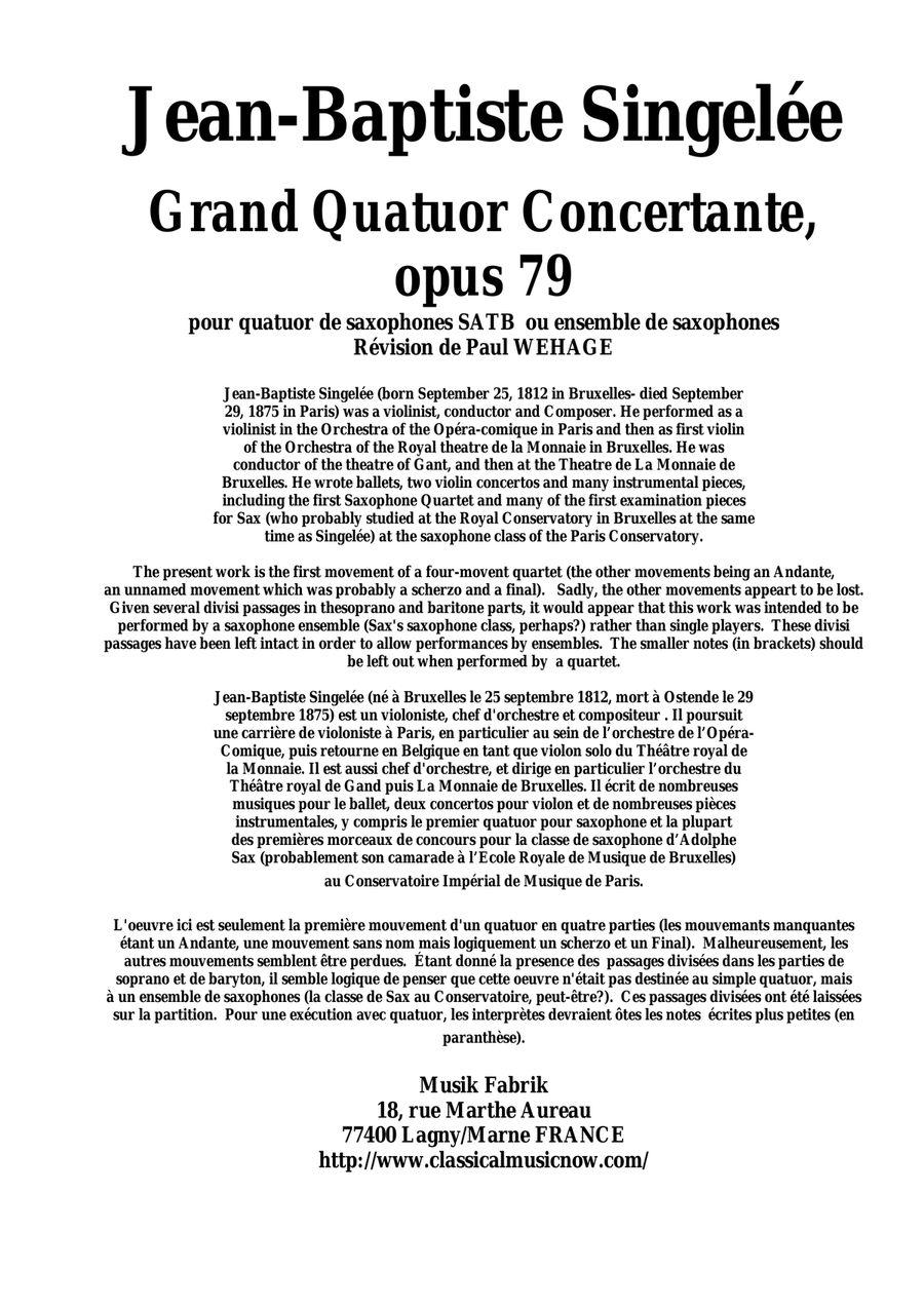 Jean-Baptiste Singelée: Grand Quatuor Concertante, opus 79 pour quatuor de saxophones SATB ou ensemb