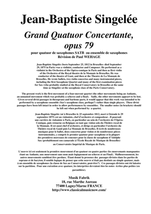 Jean-Baptiste Singelée: Grand Quatuor Concertante, opus 79 pour quatuor de saxophones SATB ou ensemb