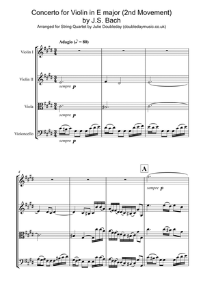 Book cover for Bach: Concerto for Violin in E major Mov 2 for String Quartet - Score and Parts